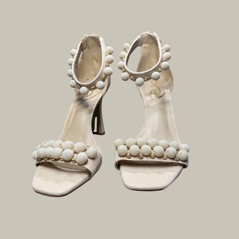 Sam Edelman Strappy Luella Oatmeal Woven Pom Pom Ankle Strap Flared Heel Sandals